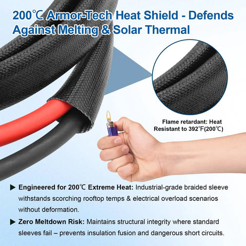 Rugged 10 AWG Solar Cable 50 Ft Extension Cord with flame retardant sleeving shown resisting flame from lighter