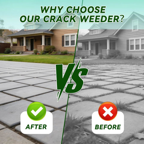 Comparison of driveways with and without 3 In 1 Heavy Duty Crack Weeder Tool With 59 Inch Adjustable Handle Stainless Steel Crevice Weed Puller And Moss Remover