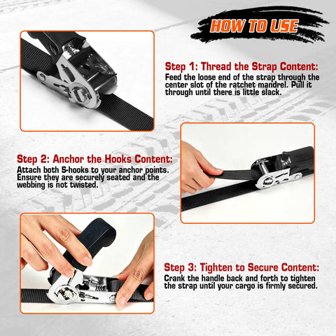 Black Ratchet Tie Down Straps Heavy Duty Towing Gear Lock Your Cargo Tight No Slip Grip For Pickup Trucks And Trailers One Inch By Fifteen Foot 1800 Lbs Breaking Strength 8 Pack how to use steps for securing cargo with ratchet strap.