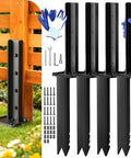 Fence Post Repair Kit, 4-Piece Heavy Duty Ground Stakes, black wood support, gloves, easy install, garden post repair