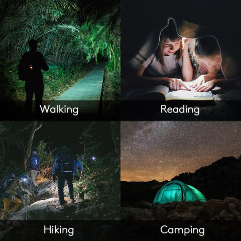 Composite image showing uses of Aurora A8 4th Gen USB C Keychain Flashlight: walking, reading, hiking, and camping at night.
