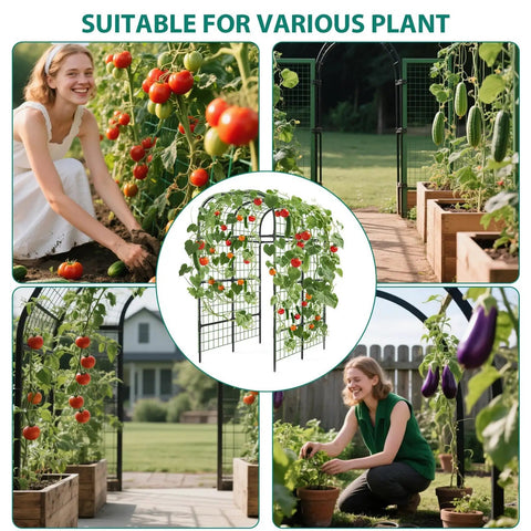 Metal Garden Arch Trellis Black 7.3 Ft, Space Saving Vertical Plant Support For Raised Beds, displayed in garden with veggies