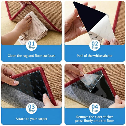 Instruction steps showing Triangle Rug Grippers For Area Rugs Set Of 12 Non Slip Pads For Hardwood Tile Or Marble Floors applied to carpet.