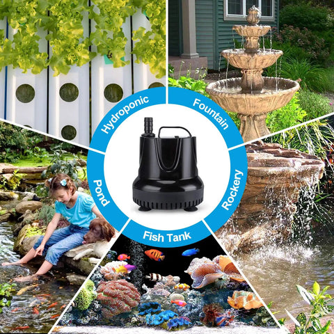 Image of Submersible Fountain Pump 550 GPH, Quiet Outdoor Water Pump For Aquarium, Pond, Fish Tank And Hydroponics, 6.5 Ft Tubing ID 1/2 Inch with various water feature applications.