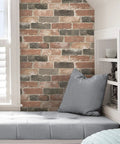 Room corner with grey seating, Newport Reclaimed Brick Peel And Stick Wallpaper Red Removable Self Adhesive Wall Covering for Bedroom