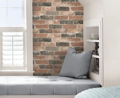 Room corner with grey seating, Newport Reclaimed Brick Peel And Stick Wallpaper Red Removable Self Adhesive Wall Covering for Bedroom