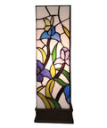 Tiffany Style Table Lamp With Iris Flower Butterfly Stained Glass, featuring handcrafted blue and pink floral patterns on tall glass shade.