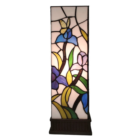 Tiffany Style Table Lamp With Iris Flower Butterfly Stained Glass, featuring handcrafted blue and pink floral patterns on tall glass shade.