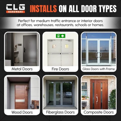 DC6003 Beefy Medium Duty Automatic Door Closer on various door types: metal, fire, glass, wood, fiberglass, composite.