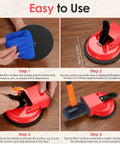 Steps to use the Beefy Floor Gap Fixer Tool with 12Cm Suction Cup and rubber mallet on wood laminate floor, red