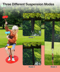 Child playing on a Rope Ladder And Disc Swing Set For Kids with three suspension modes shown, in a backyard setting.