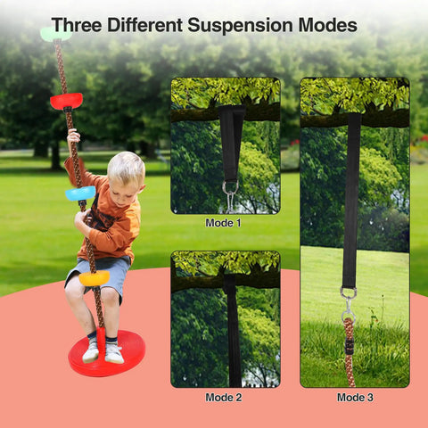 Child playing on a Rope Ladder And Disc Swing Set For Kids with three suspension modes shown, in a backyard setting.