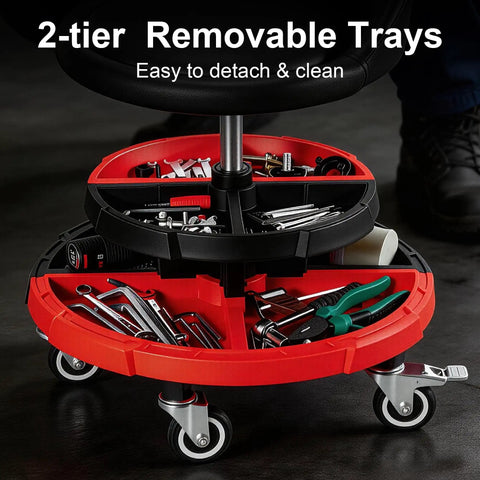 Rolling Mechanic Garage Stool With Modular Removable Tool Tray featuring dual trays filled with tools, shown on easy glide wheels.