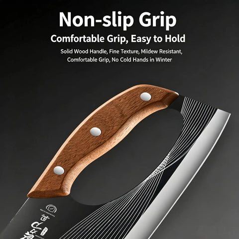 Close-up of wooden handle on Two Piece Meat Cleaver Knife Set For Cutting Meat And Vegetables, showing non-slip grip design.