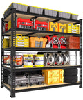 Beefy Heavy Duty Garage Storage Shelves Five Tier Metal Rack With 650 Lbs Per Shelf And 3250 Lbs Total Load Capacity Powder Coated Steel Frame With Thickened Wood Boards For Garage And Workshop, loaded with bins, tools, tires
