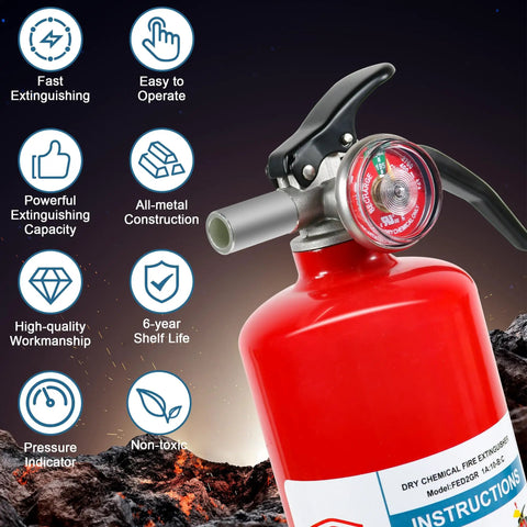 4 Pack Dry Chemical Fire Extinguishers 2.5 Lb With 1A:10B:C Rating, close-up on red extinguisher with quick release handle and gauge.