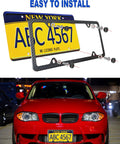 Top Shelf Real Carbon Fiber License Plate Frame With Heavy Duty Stainless Steel Core And High Gloss UV Coating on red car with license plate
