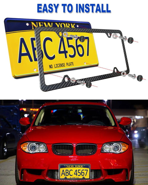 Top Shelf Real Carbon Fiber License Plate Frame With Heavy Duty Stainless Steel Core And High Gloss UV Coating on red car with license plate