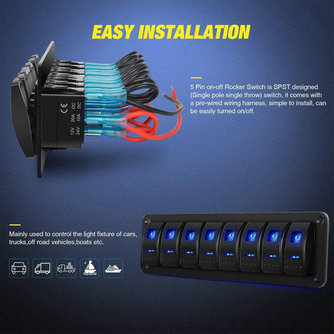 8 Gang LED Backlit Rocker Switch Panel Kit With Overload Protection Pre Wired For Car RV Boat Marine Bus Blue Light