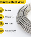 1/8 Inch Stainless Steel Wire Rope Kit 120 Ft With Turnbuckles Thimbles Sleeves Crimping Loops For Garden String Lights Deck Railing Diy Projects Heavy Duty Aircraft Cable sturdy wire coil showcasing durable, waterproof, anti-rust, and high-strength features.