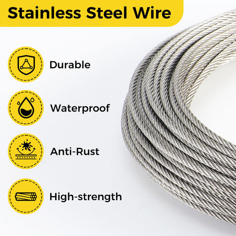 1/8 Inch Stainless Steel Wire Rope Kit 120 Ft With Turnbuckles Thimbles Sleeves Crimping Loops For Garden String Lights Deck Railing Diy Projects Heavy Duty Aircraft Cable sturdy wire coil showcasing durable, waterproof, anti-rust, and high-strength features.