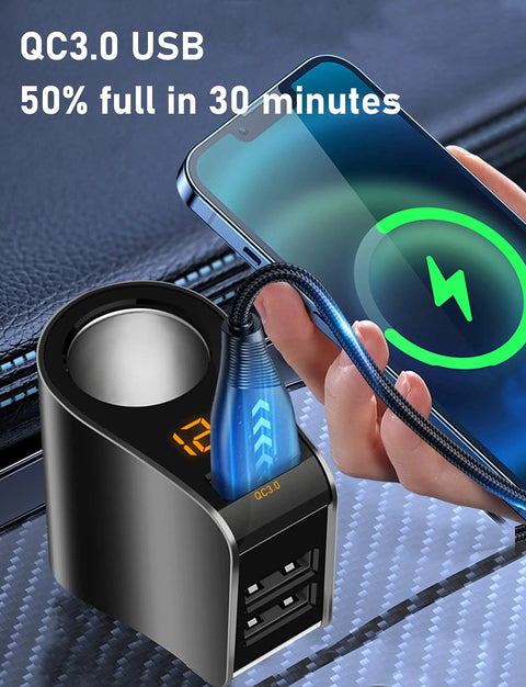 Straight Fire 3 Usb Car Charger Adapter Fast Charging Cigarette Lighter Plug with QC3.0, charging smartphone with LED display.