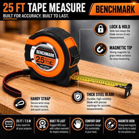 Three Pack 25 Foot Tape Measures With Easy Read Fractions To One Eighth Inch, Magnetic Tip, Quick Lock Tension, orange housing.
