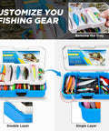 Telescopic Fishing Rod And Reel Combo With Tackle Box And Collapsible Rod And Lures Box, Travel Starter Kit for bass and trout, tackle box open showing lures and accessories, customizable layout, double and single layer options, 373Piece Tackle Set included
