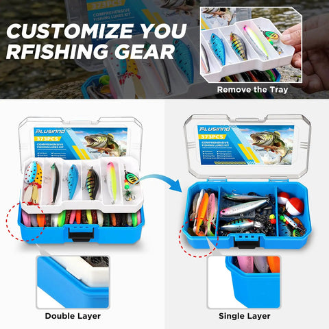 Telescopic Fishing Rod And Reel Combo With Tackle Box And Collapsible Rod And Lures Box, Travel Starter Kit for bass and trout, tackle box open showing lures and accessories, customizable layout, double and single layer options, 373Piece Tackle Set included