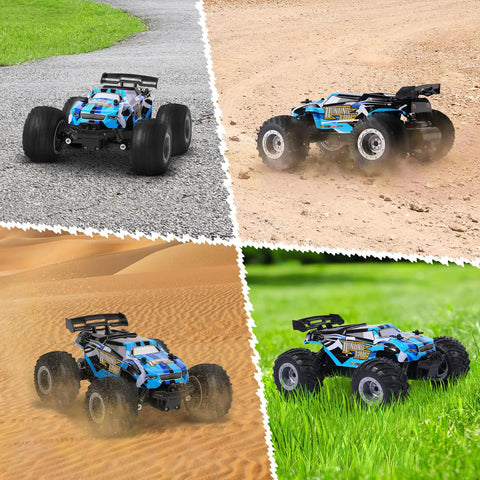 All Terrain 2.4GHz RC Monster Truck with LED Body Lights 20 Kmh Speed Dual Rechargeable Batteries Off Road Toy Car on diverse terrains