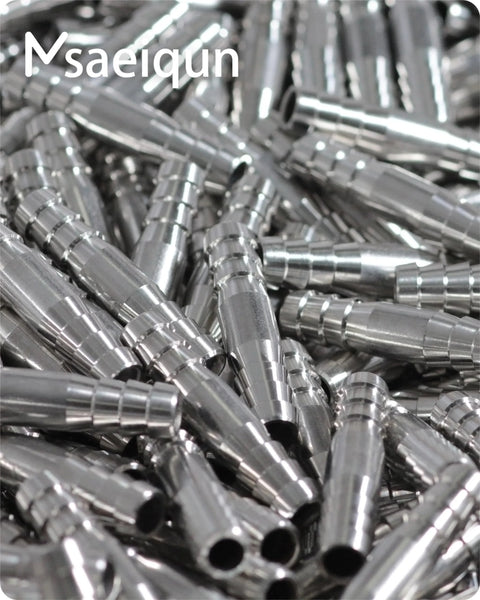 Stainless steel 3/8in barb hose fittings, splicer/union couplers, pack of 10, close-up view