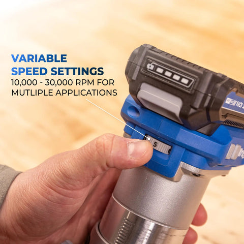 Hand adjusting the speed dial on the Slick Action 20V Cordless Trim Router Featuring Micro Adjustment Dial And Dual LED Lights.