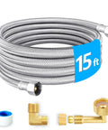 15 Ft Premium Stainless Steel Braided Dishwasher Hose Kit with Food Grade PEX Inner Tube, brass fittings, and elbows displayed