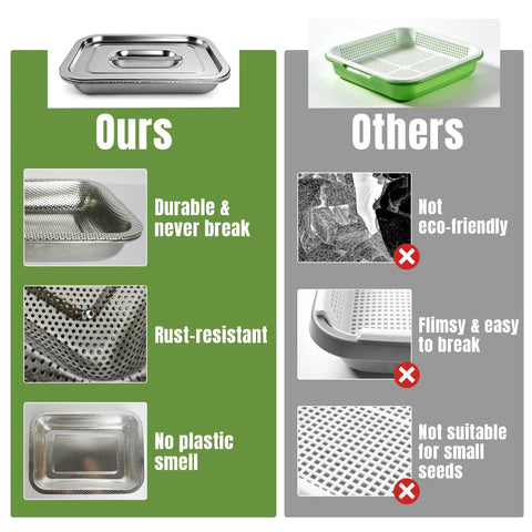 Comparison of 2-Tier Stainless Steel Seed Sprouter Trays Kit with Lids and Mesh Pads versus other plastic options.