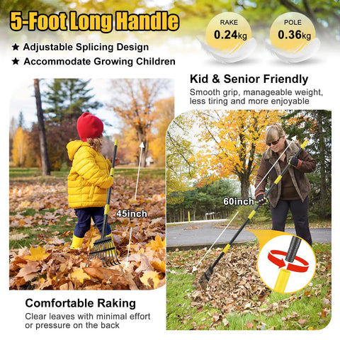 Heavy Duty Metal Garden Rake With Eleven Steel Tines Eight Point Five Inch Wide Head And Sixty Inch Long Handle used by adults and kids in autumn leaves