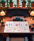 Pink Cute Desk Pad 31.5 By 15.7 Inches Large Mouse Pad For Keyboard And Mouse, Teacher Desk Pad on wooden desk with monitors