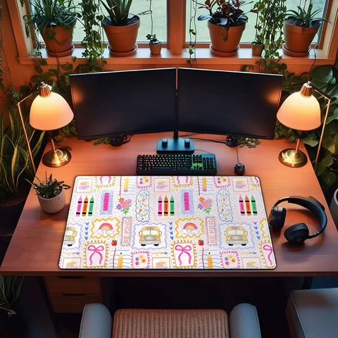 Pink Cute Desk Pad 31.5 By 15.7 Inches Large Mouse Pad For Keyboard And Mouse, Teacher Desk Pad on wooden desk with monitors