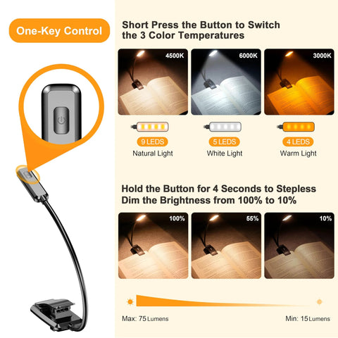 Gritin 9-LED rechargeable clip-on book light for reading in bed, with 3 color temperatures and stepless dimming.