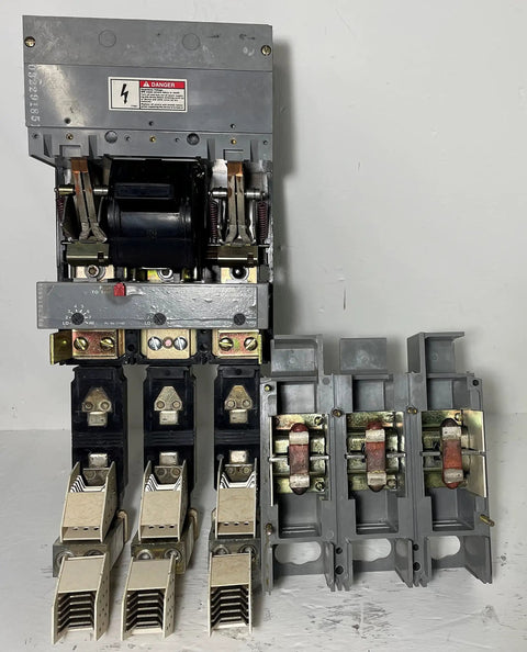 Heavy Duty Three Pole Jd Frame Circuit Breaker Rated At 350 Amps And Six Hundred Vac with wiring terminals and clear safety labels.