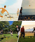 Easy Setup Roundnet Game Set With Patented Net includes two balls for beach, lawn, or backyard fun, shown in various settings.