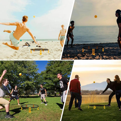 Easy Setup Roundnet Game Set With Patented Net includes two balls for beach, lawn, or backyard fun, shown in various settings.