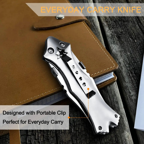 Dual Blade Pocket Knife For Everyday Carry And Camping, 8.5 Inch Folding Knife with clip on leather notebook