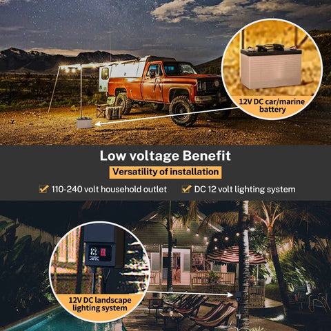 Low Voltage Outdoor String Lights With 16 Sockets Spanning 48 Feet Plug In 12V E26 Base Energy Saving Shatterproof LED Bulbs 2700K Warm White Weatherproof Durable Patio Lighting For Porch Garden Or Yard illuminating campsite and patio