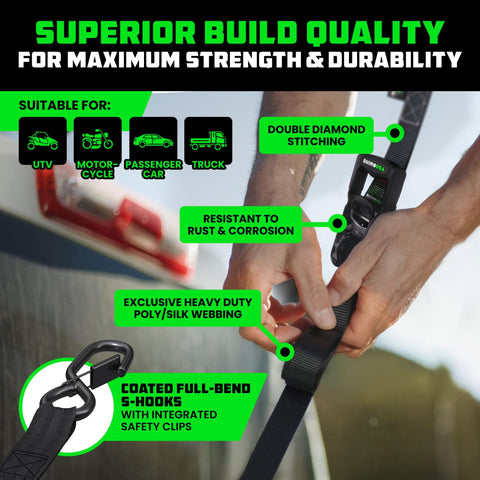Heavy Duty Ratchet Straps Kit Four Pack 1.6 Inch By 8 Feet With 5000 Lb Break Strength Ultimate Tie Down Straps description
