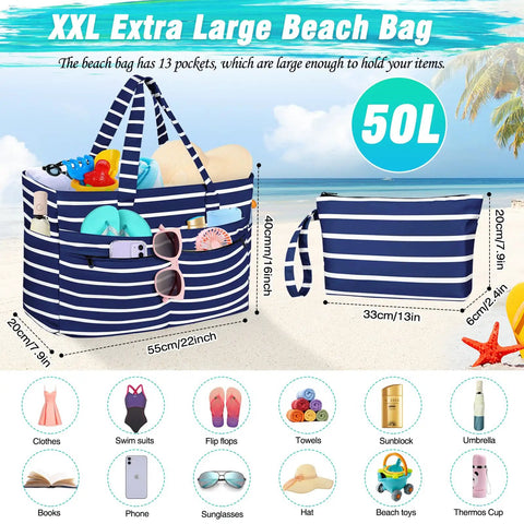 Extra Large Waterproof Beach Bag Tote With Zipper Wet Pocket 50L Capacity Ideal Pool Bag For Women And Men Durable Tote For Towels