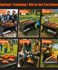 Collage of Portable Camping Grill Foldable Charcoal And Gas BBQ uses for beach, hiking, picnic, camping, car trips, and fishing.