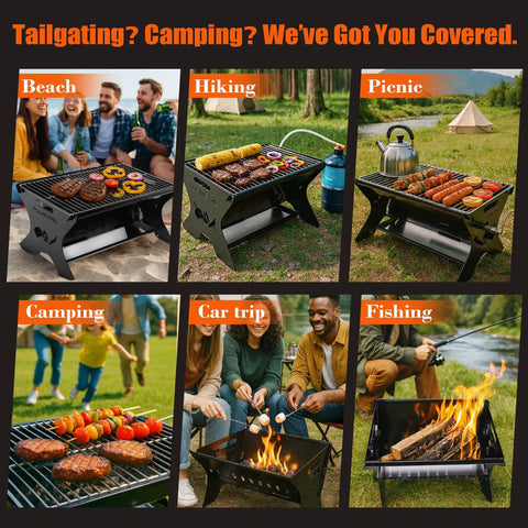 Collage of Portable Camping Grill Foldable Charcoal And Gas BBQ uses for beach, hiking, picnic, camping, car trips, and fishing.