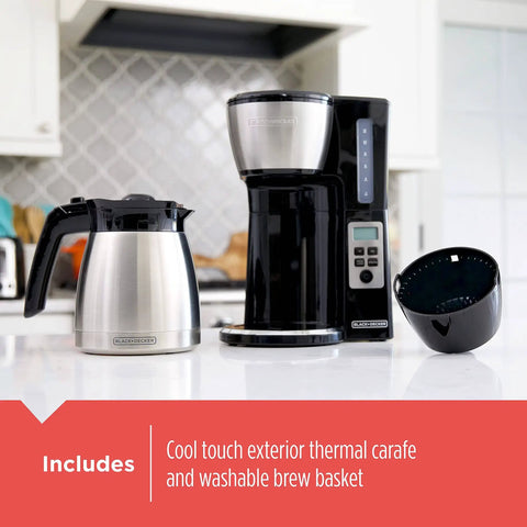 12 Cup Thermal Programmable Coffee Maker with Brew Strength and Vortex Technology, Black and Steel Finish, Four Layer Vacuum Carafe