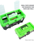 Dual Tool Box Set With 19 Inch And 12.5 Inch Plastic Portable Boxes open with compartments visible, lockable latches shown.