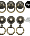 12 Pieces Antique Bronze Drawer Ring Pulls With Flower Pattern, 1.38 Inch Diameter, Includes 12 Screws, Zinc Alloy Vintage Cabinet Hardware